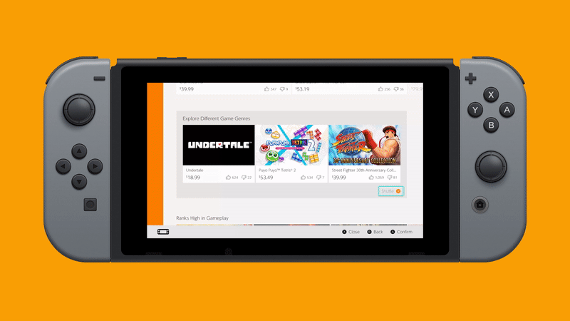An animation of the “Shuffle” button being pressed, changing the selection of games, is inserted into a mockup of a Nintendo Switch on an orange background.
