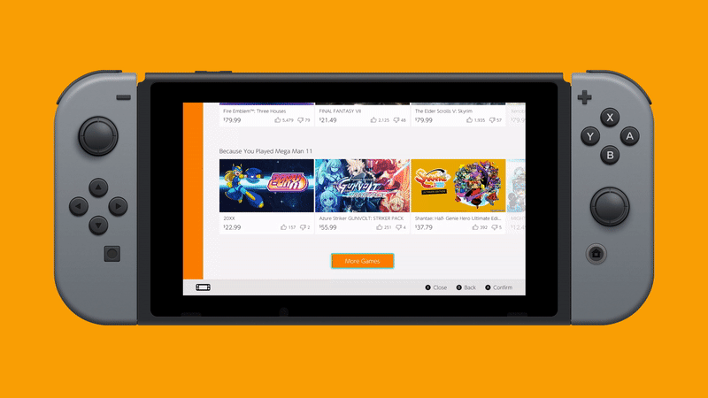 An animation of the “More” button being pressed, revealing additional rows of games, is inserted into a mockup of a Nintendo Switch on an orange background.