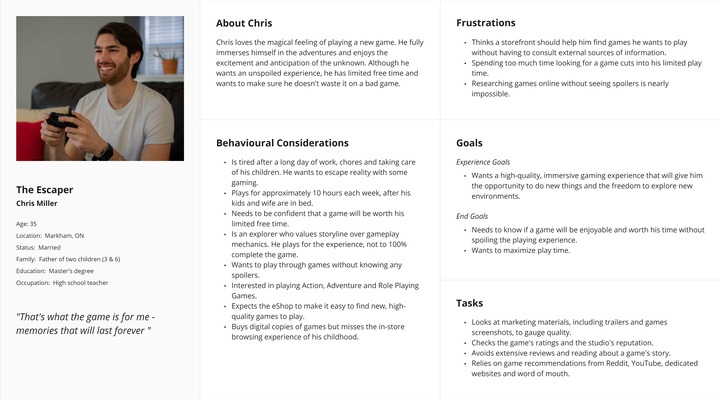 Table with text and image of man sitting on a couch having fun playing videos games.