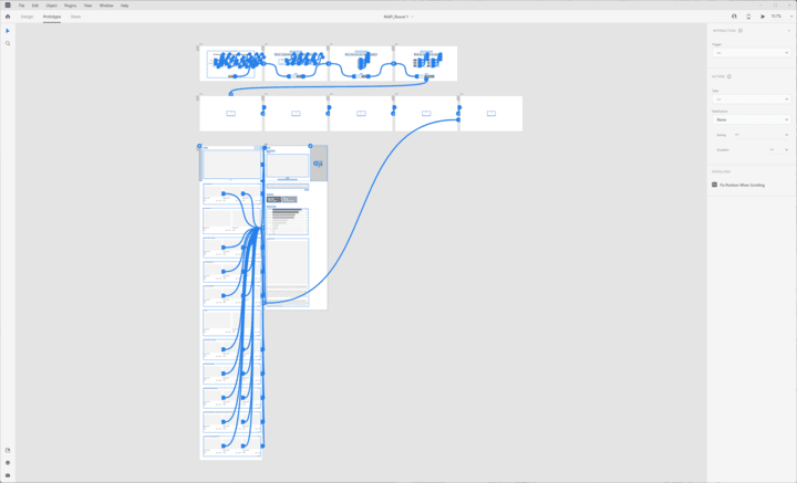 Zoomed-out view of all artboards. Blue lines map the interaction flow to and from artboards.