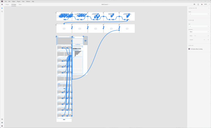 Zoomed-out view of all artboards. Blue lines map the interaction flow to and from artboards.