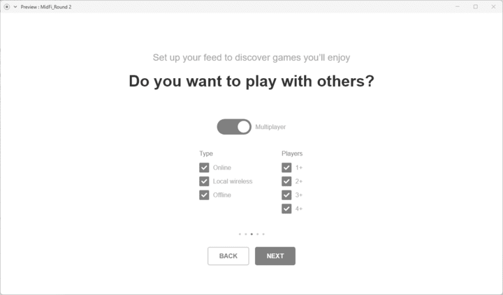 A title is centered a the top of the screen above a toggle switch, a series of checkboxes for preferences, and a button group for Continue/Back.