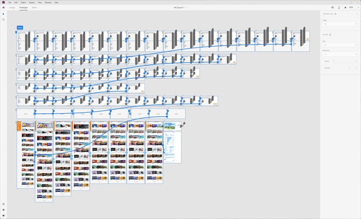 Zoomed-out view of all artboards. Blue lines map the interaction flow to and from artboards.