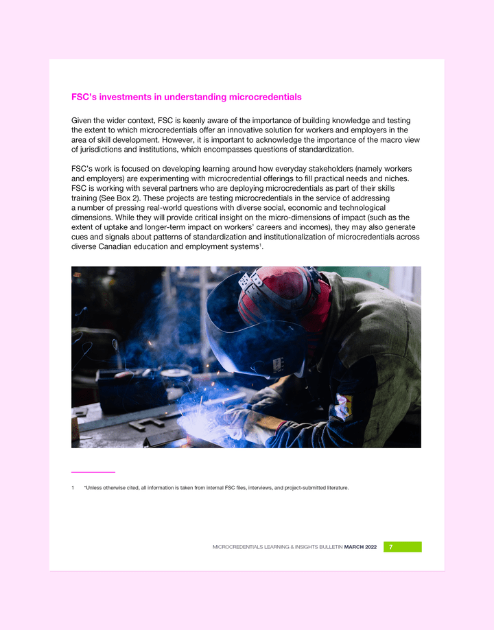 The single-column layout includes a subtitle, body copy, and a large image of person in protective equipment welding at the bottom of the page.