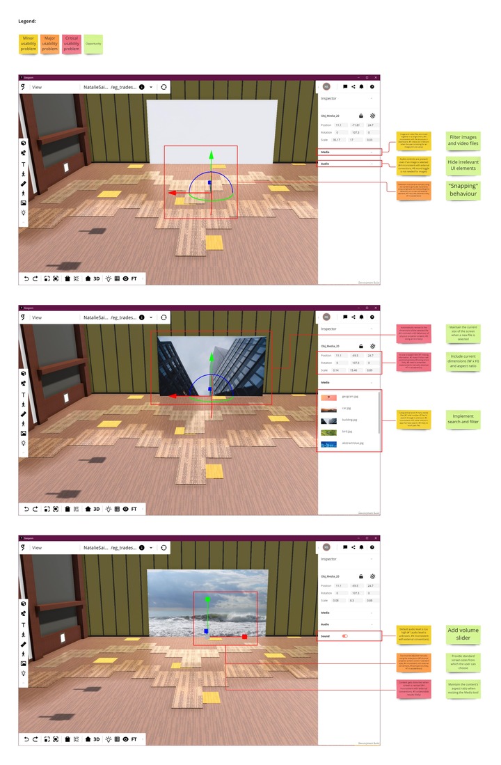 The Media tool is placed against the back of an empty room with khaki green and black striped walls and a brown geometric carpet. In the first screenshot, the Media tool is blank, and in the second and third, a cityscape and ocean waves are displayed, respectively.