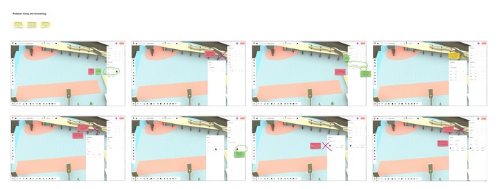 Simple mockups of UI elements created from basic shapes and placeholder icons overlayed on screenshots of the product.