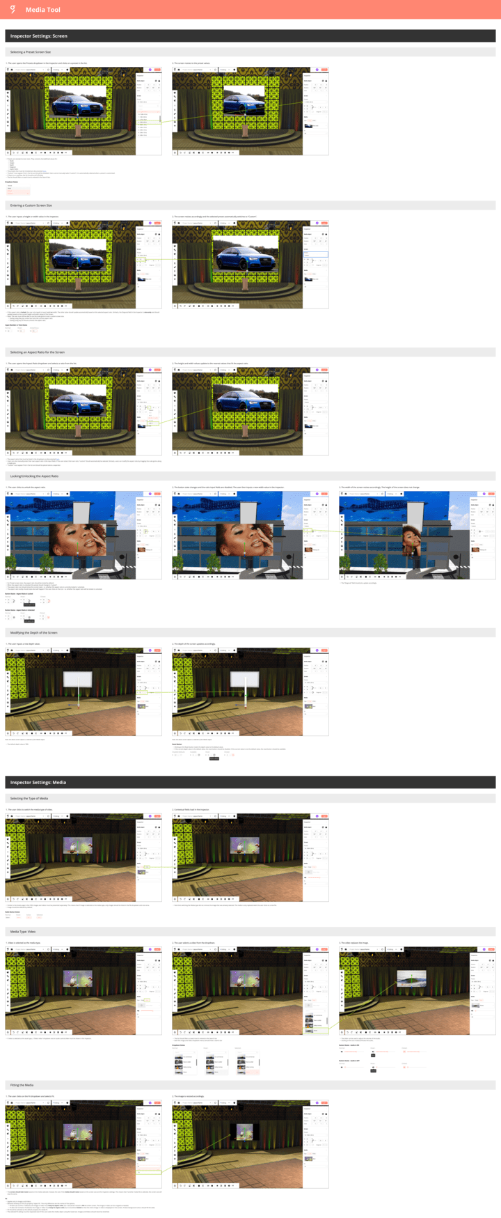 Annotated pixel-perfect mockups communicate the steps for various interactions and user tasks.