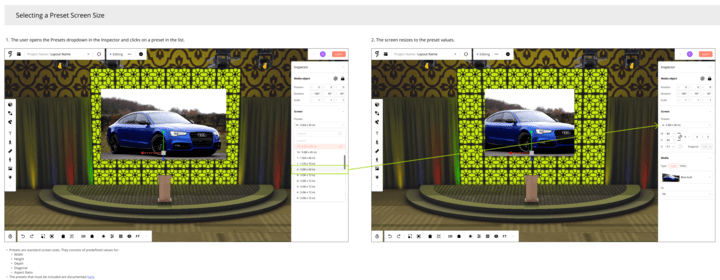 Two annotated mockups communicate the steps for selecting a preset screen size. In the first, the Media tool has a rectangular screen and preset sizes are listed in an opened dropdown in the inspector. In the second, a different preset is selected and the screen is square.