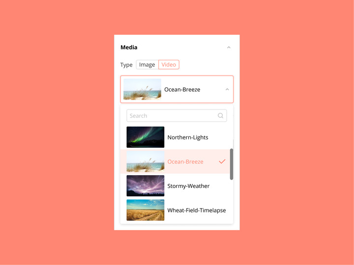 A closeup of the redesigned inspector on a pink background. The expanded media dropdown only lists video files.
