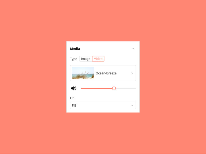 A closeup of the redesigned inspector on a pink background. ‘Video’ is selected as the file type within a radio button group at the top of the inspector and below it is a thumbnail image of sea grass for the selected media file. At the bottom of the inspector is a volume slider set to approximately 60% and a dropdown menu for fit.
