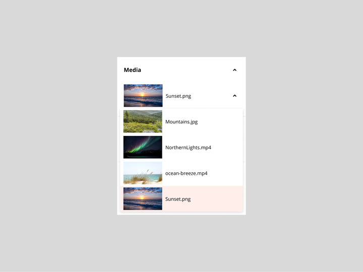 A closeup of the inspector's media dropdown expanded to show a list of image and video files mixed together. The inspector is white on a grey background.