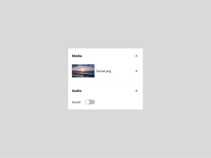 A closeup of the inspector on a grey background. There is a media dropdown at the top of the inspector in which an image of a sunset is selected. In the bottom of the inspector, an audio toggle switch is turned off.