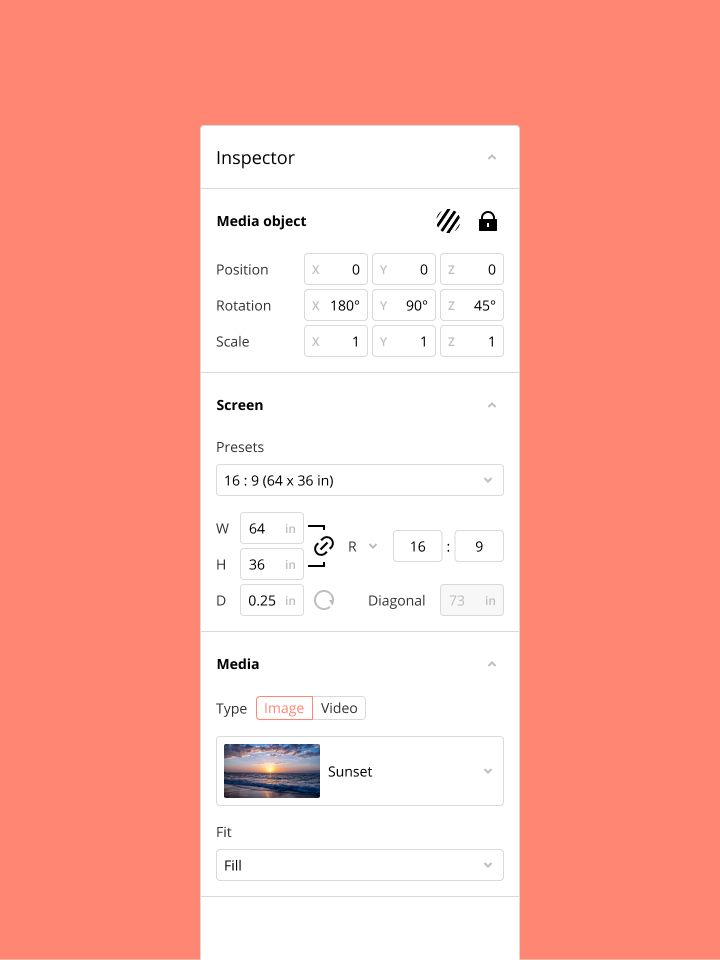 Redesigned inspector on a pink background. The inspector has two sections, one for the screen and the other for the content.