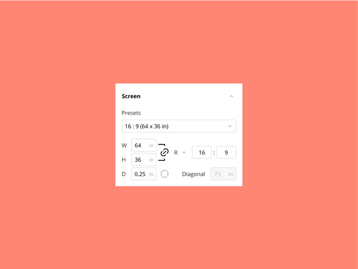A closeup of the redesigned inspector on a pink background. The inspector has a dropdown menu with preset sizes and fields for dimensions and aspect ratio below it.