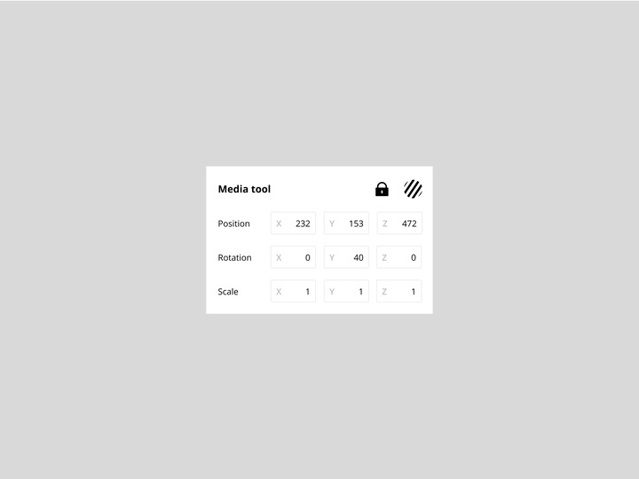A closeup of the inspector on a grey background, showing value input fields for position, rotation, and scale factor.